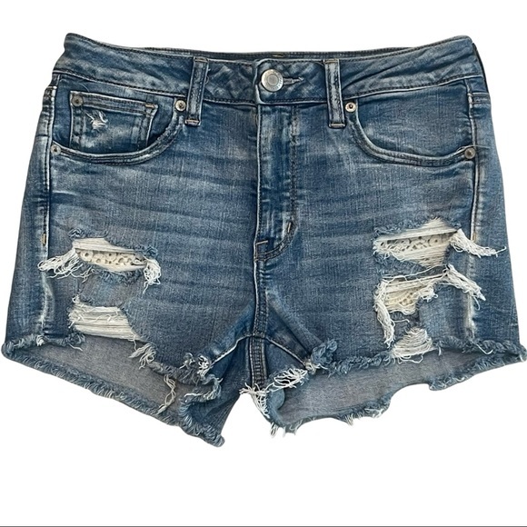 AMERICAN EAGLE Next Level Stretch Hi-Rise Shortie Distressed Blue Jean Shorts - Picture 1 of 9